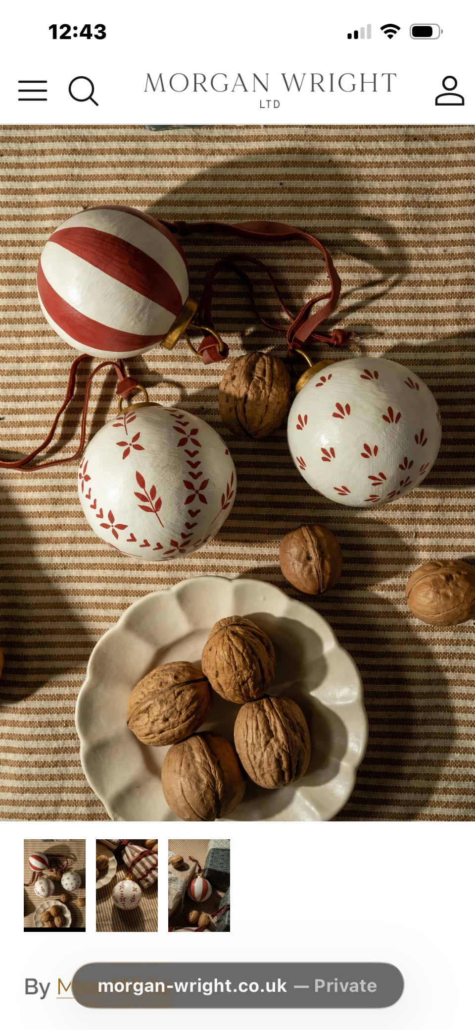 Set of 3 handpainted patterned vintage style  berry baubles with velvet  loops