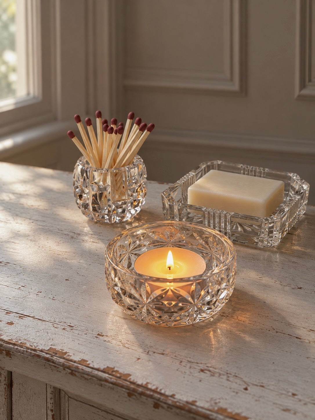 Bathroom Vintage Cut Glass 3 Piece Set