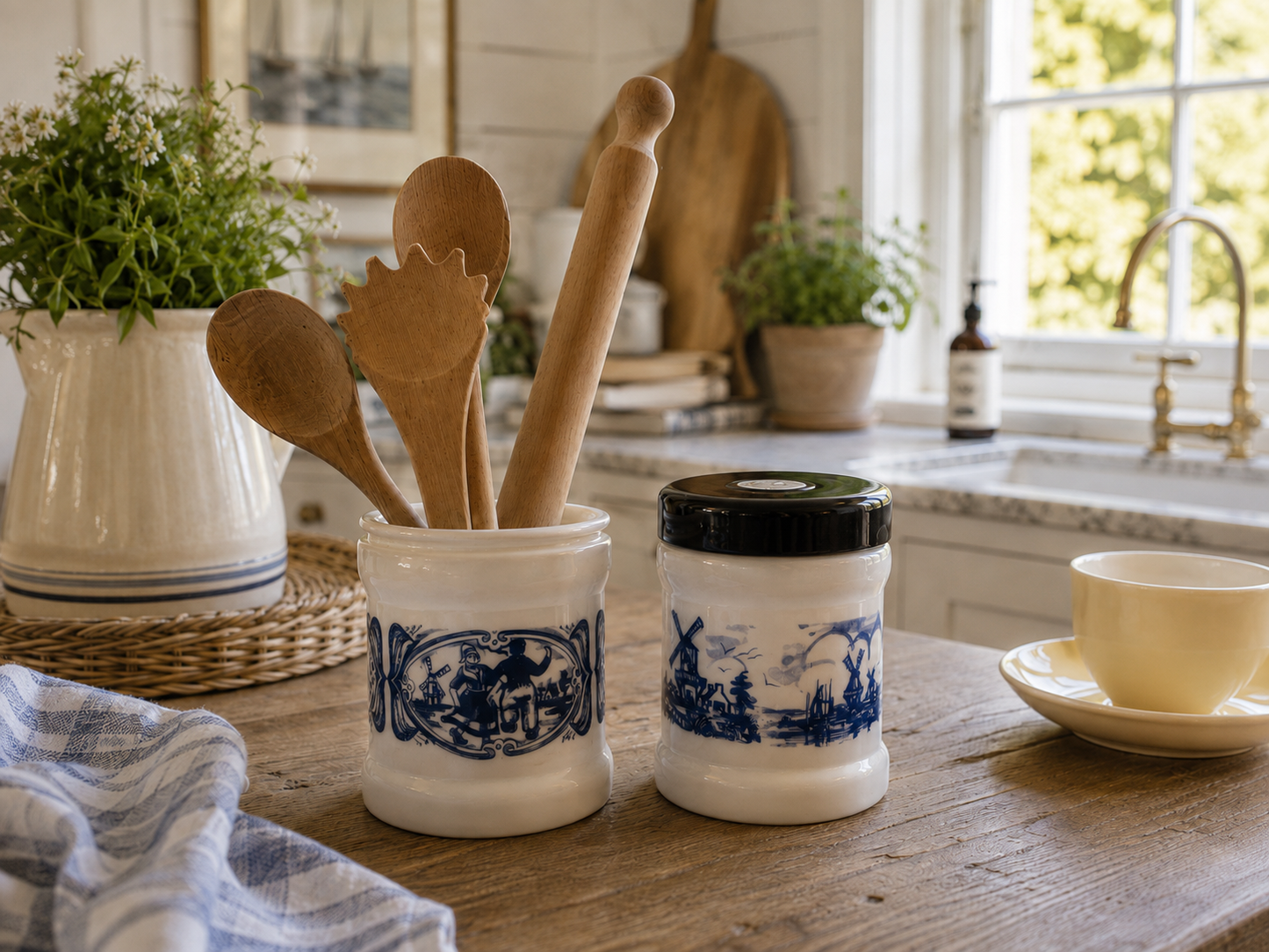 A Pair of Vintage Dutch Blue & White Opaline Jars