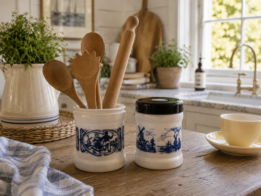 A Pair of Vintage Dutch Blue & White Opaline Jars