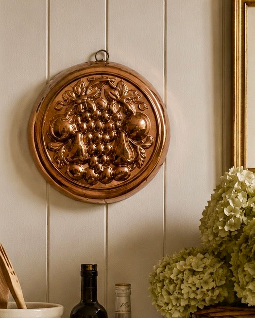 Vintage Tin-Lined Copper Jelly Mould with Repoussé Fruit Design – 17cm