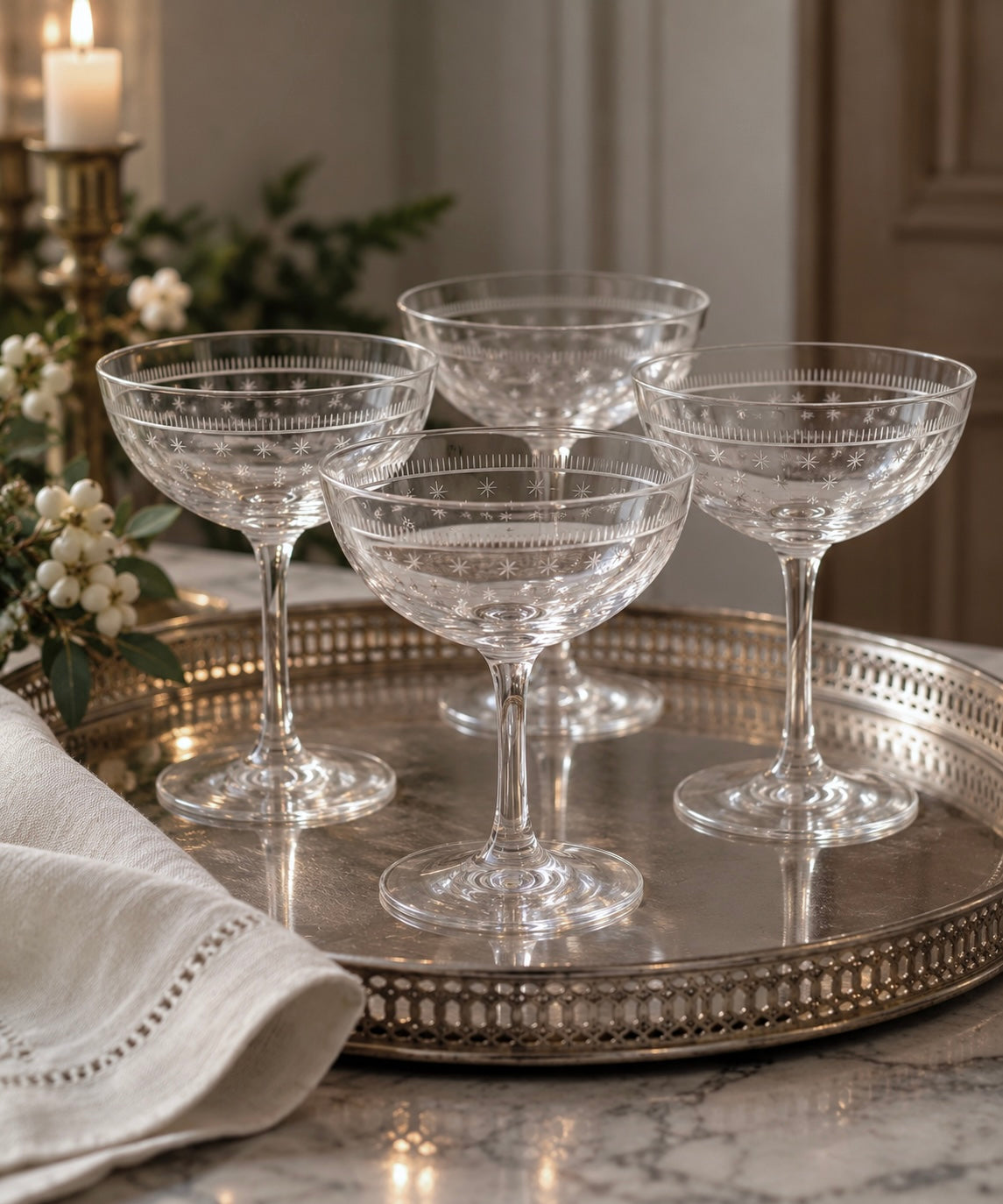 Set of 4 Antique Crystal Champagne Coupes