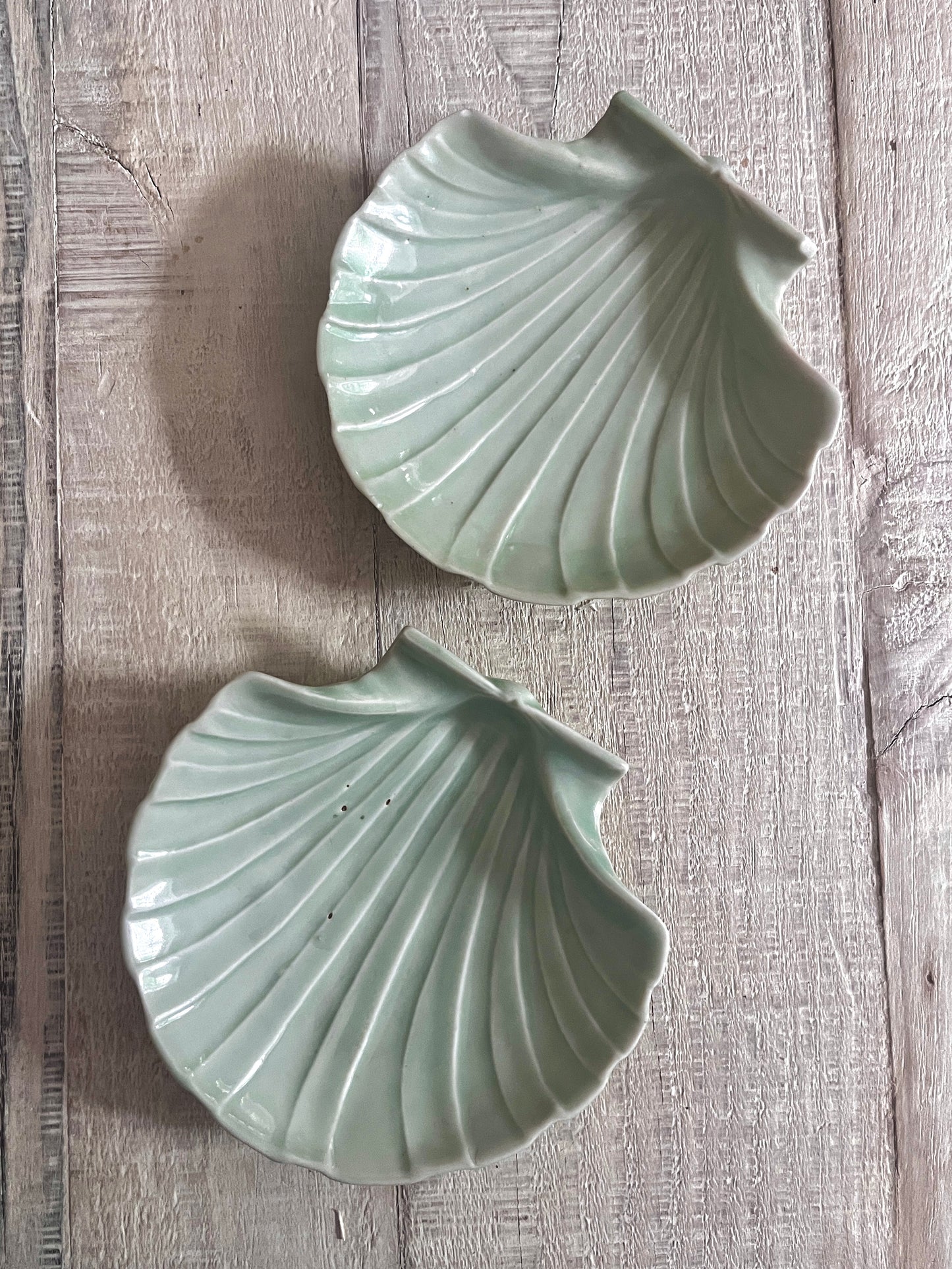 Set of 4 Vintage Japanese Celadon Glazed Scallop Shell Dishes, circa 1970s.