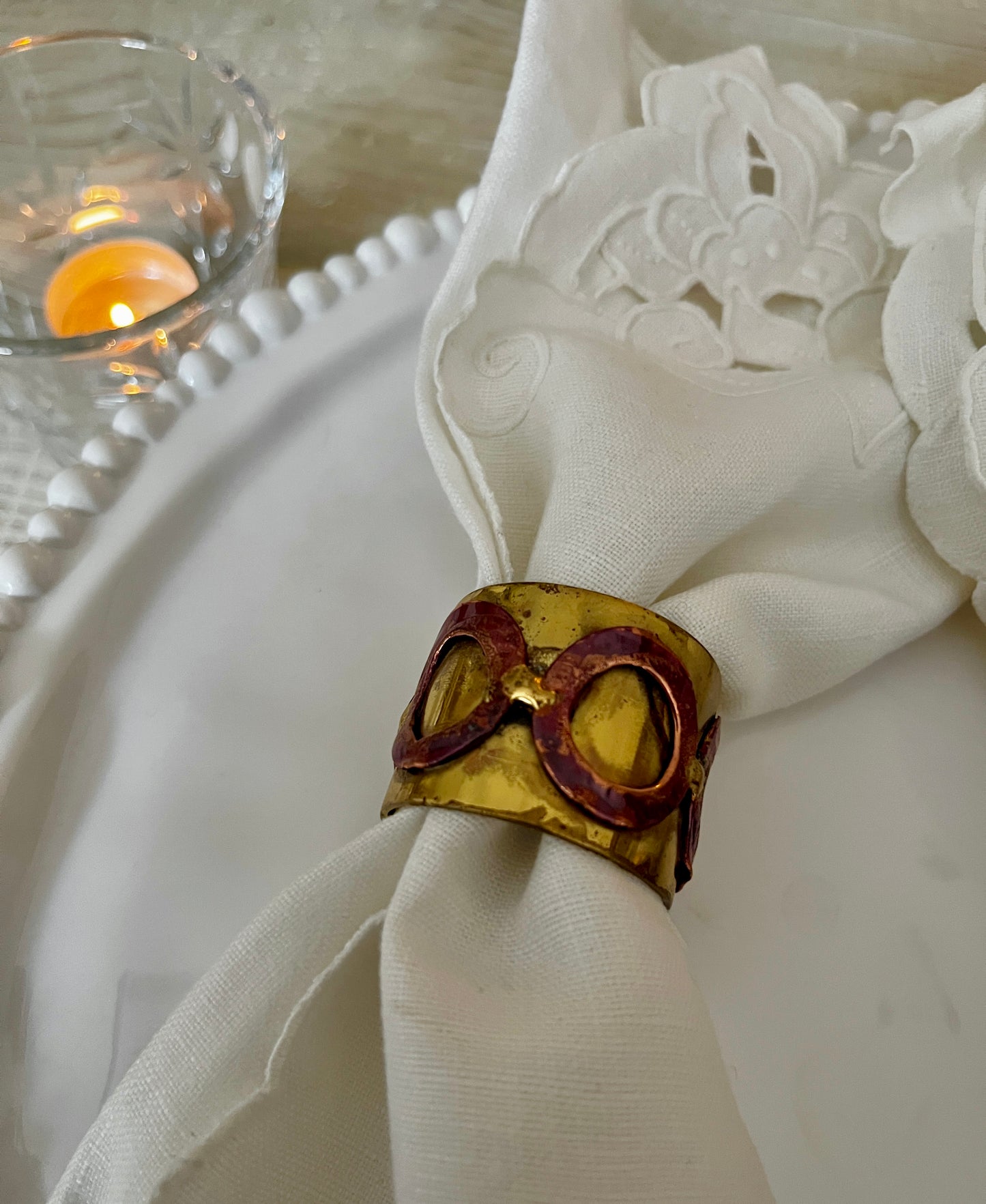 Set of 4 Hand forged Gold Metal Napkin Rings with Red Detail