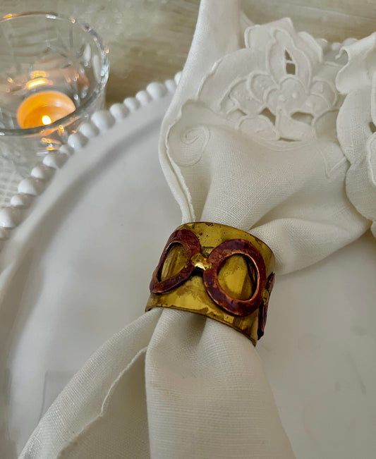 Set of 4 Hand forged Gold Metal Napkin Rings with Red Detail