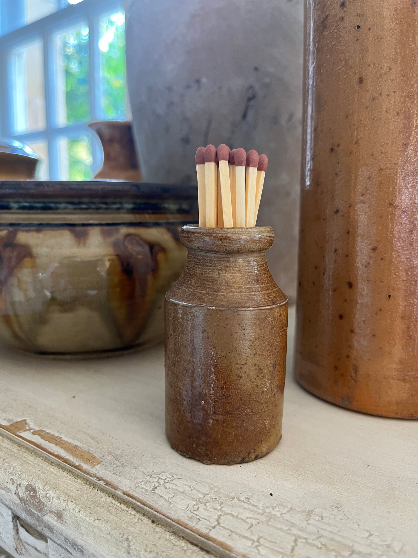 Antique Brown Glazed Ink Bottle Match Holder