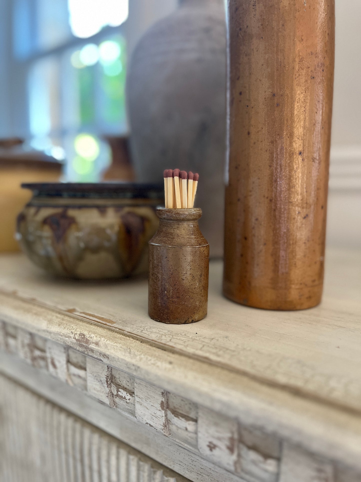 Antique Brown Glazed Ink Bottle Match Holder