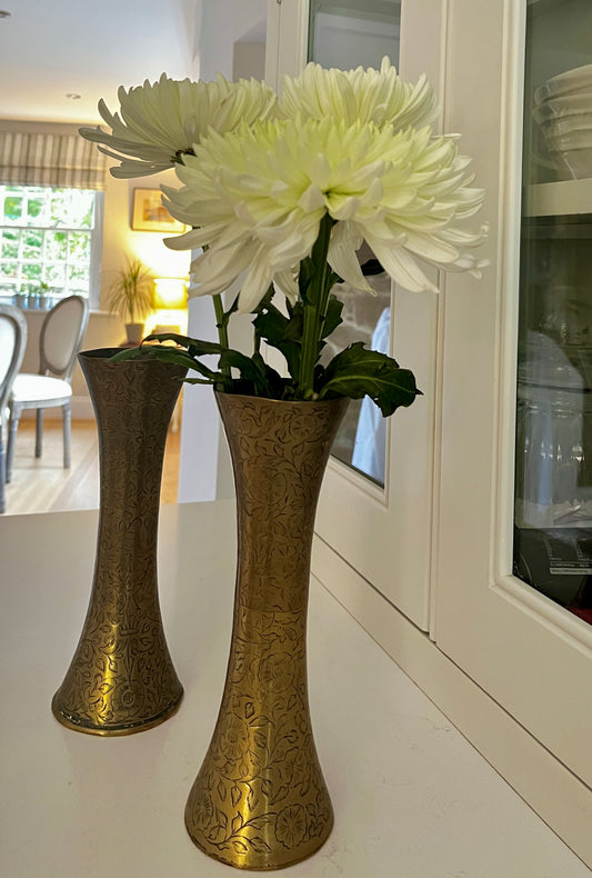 Pair of Vintage Hand Made Brass Engraved Vases