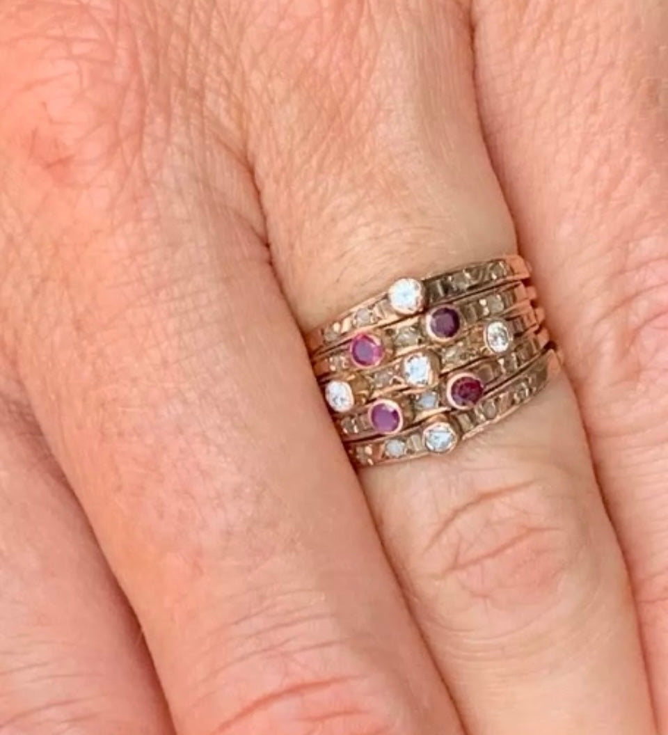 Antique-Vintage Ruby and Diamond Harem Stack Ring