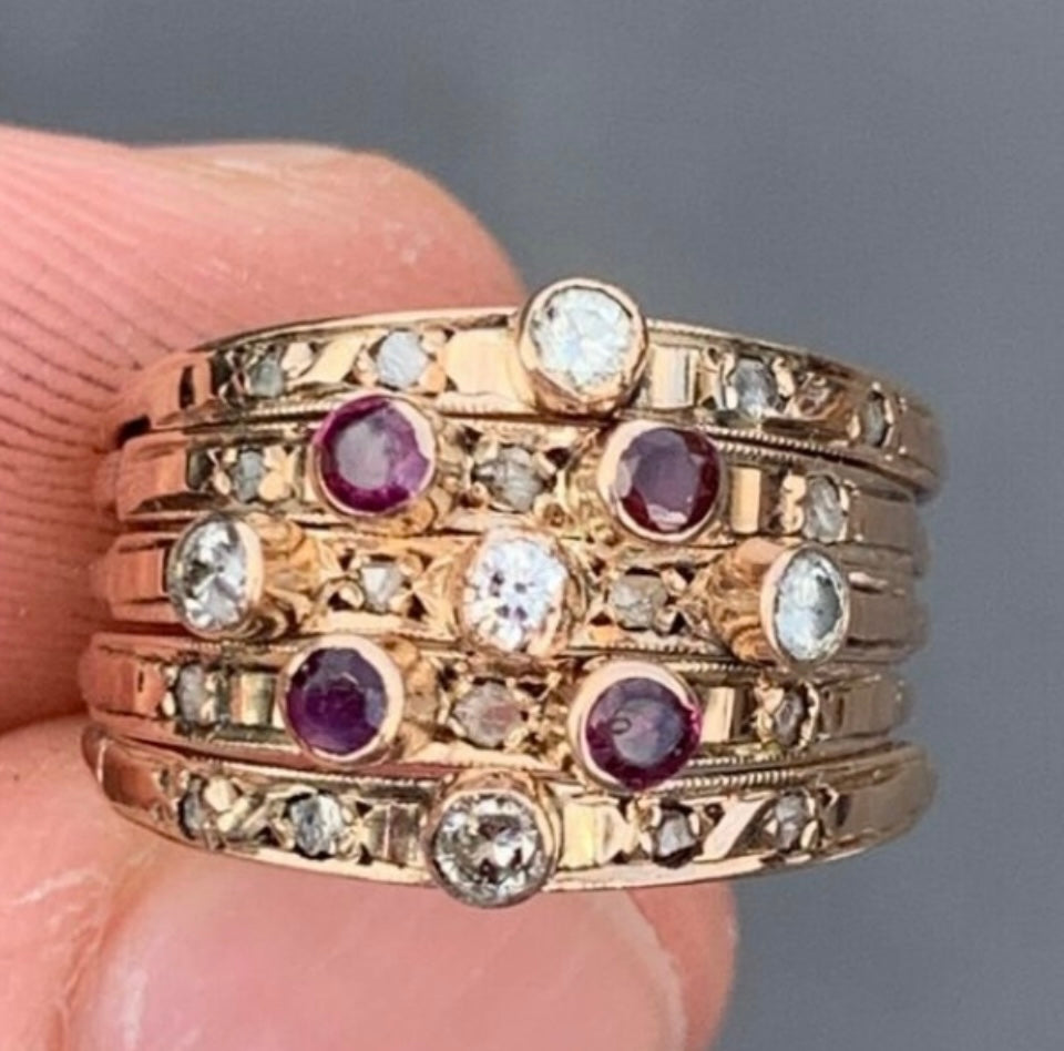 Antique-Vintage Ruby and Diamond Harem Stack Ring