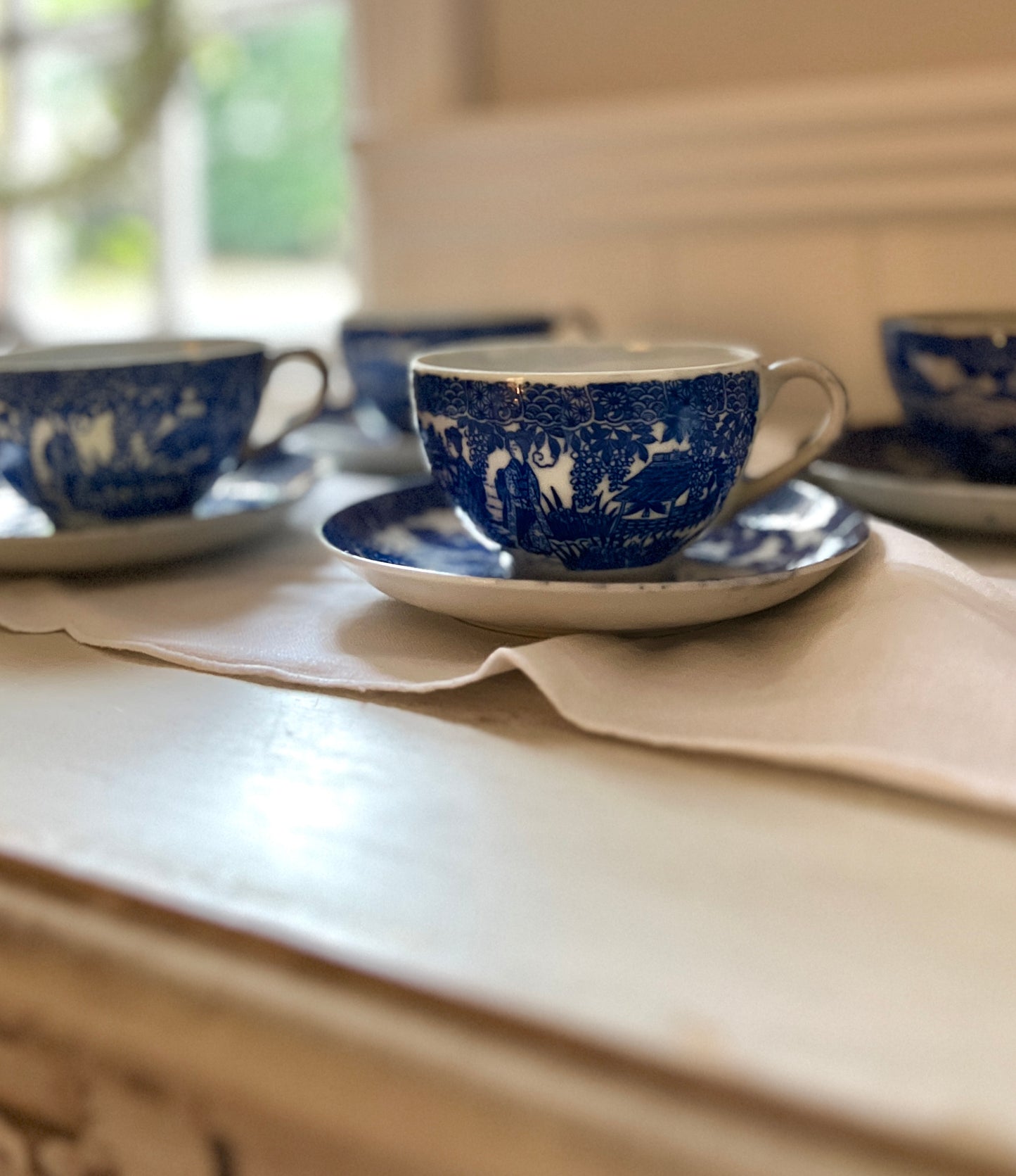 Set of 4 Vintage Cobalt Blue Japanese Eggshell Porcelain Cups and Saucers