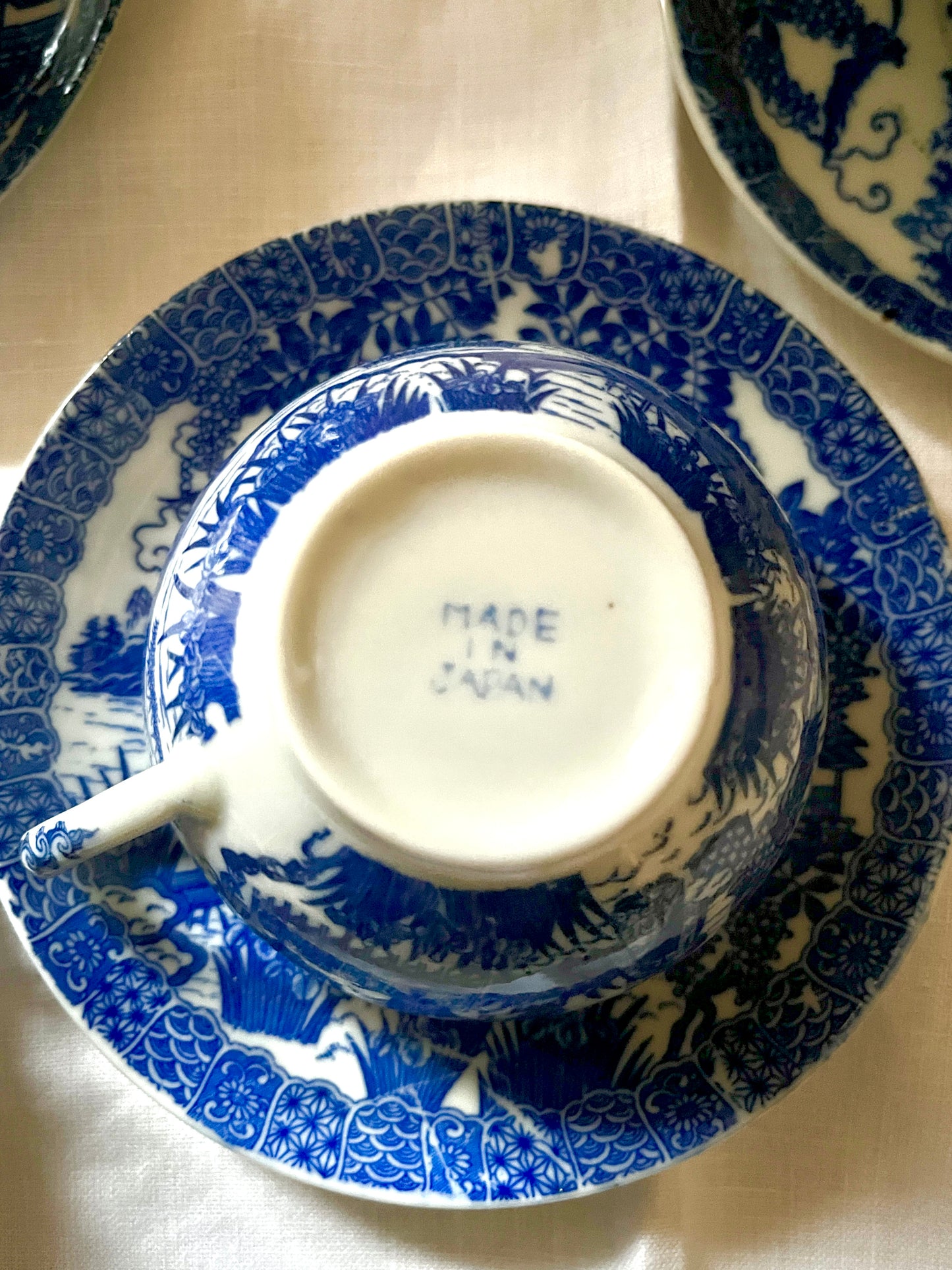 Set of 4 Vintage Cobalt Blue Japanese Eggshell Porcelain Cups and Saucers