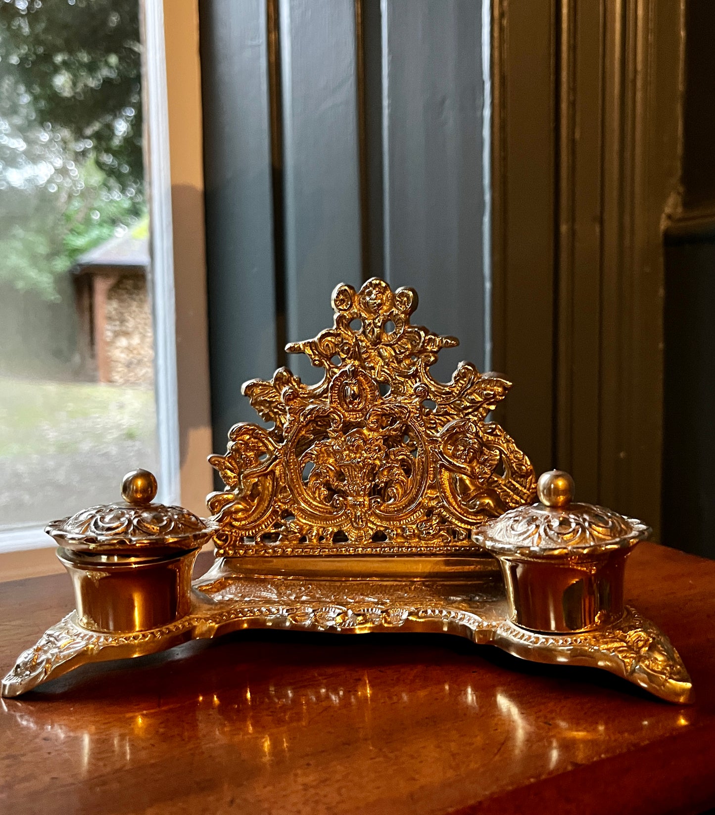Vintage Brass Double Inkwell Letter Holder with Cherubs