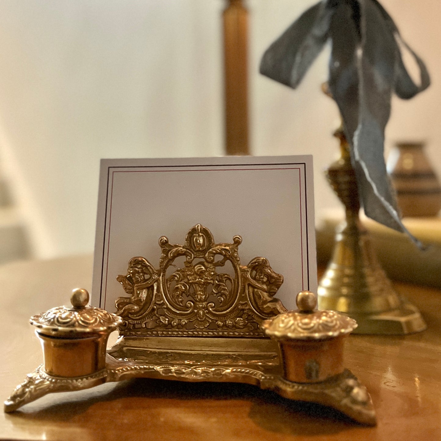 Vintage Brass Double Inkwell Letter Holder with Cherubs