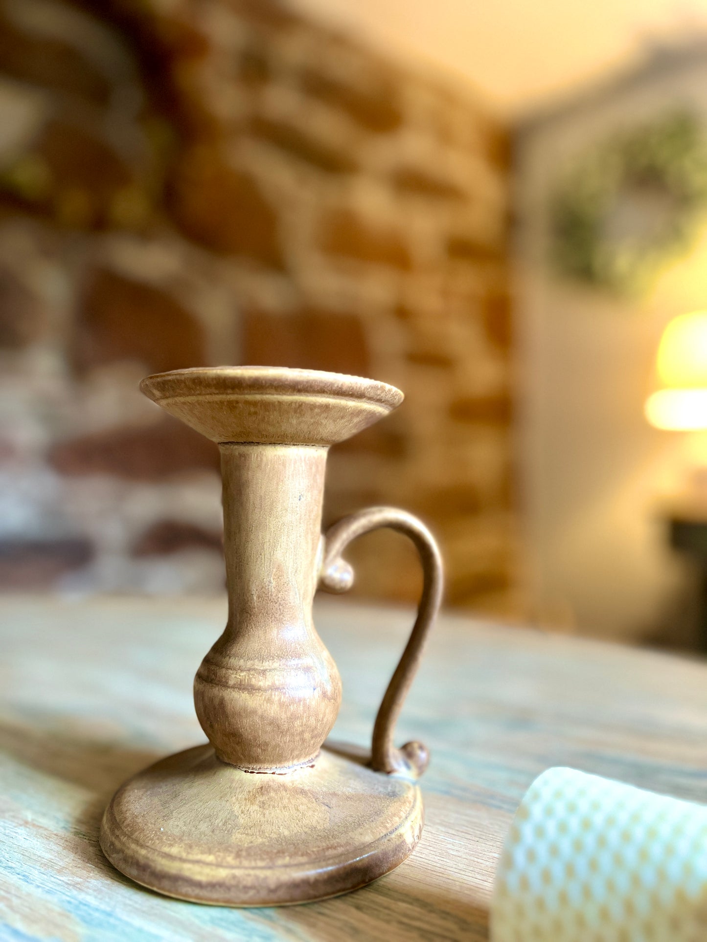 Vintage Brown Pottery Large Candle Holder Wood Effect