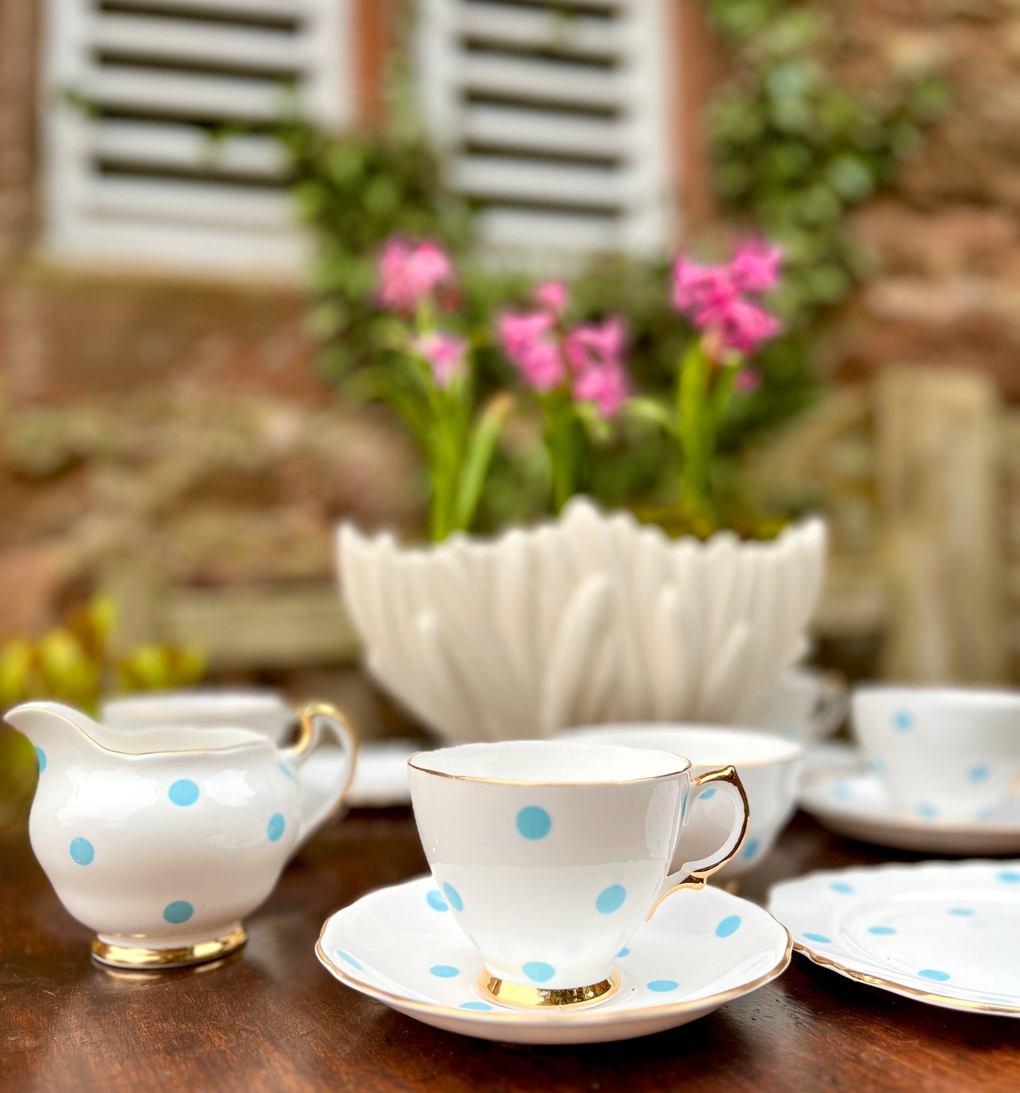Vintage 12 Piece Vale Blue Polka Dot Tea Set for 4