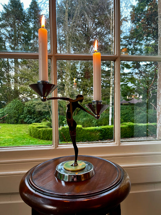 Art Deco Chrome Figural Double Candlestick – Sculptural Lady Candle Holder, c.1930s