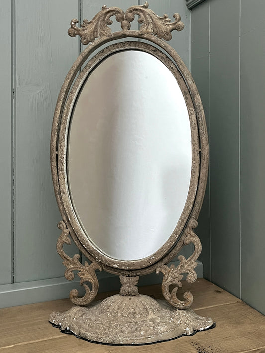 Vintage French Style Cast Spelter Oval Ornate Freestanding Mirror