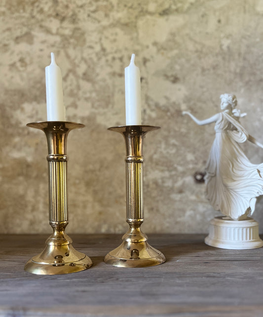 Pair of Georgian Style Brass Candlesticks – Fluted Column – 18.5cm
