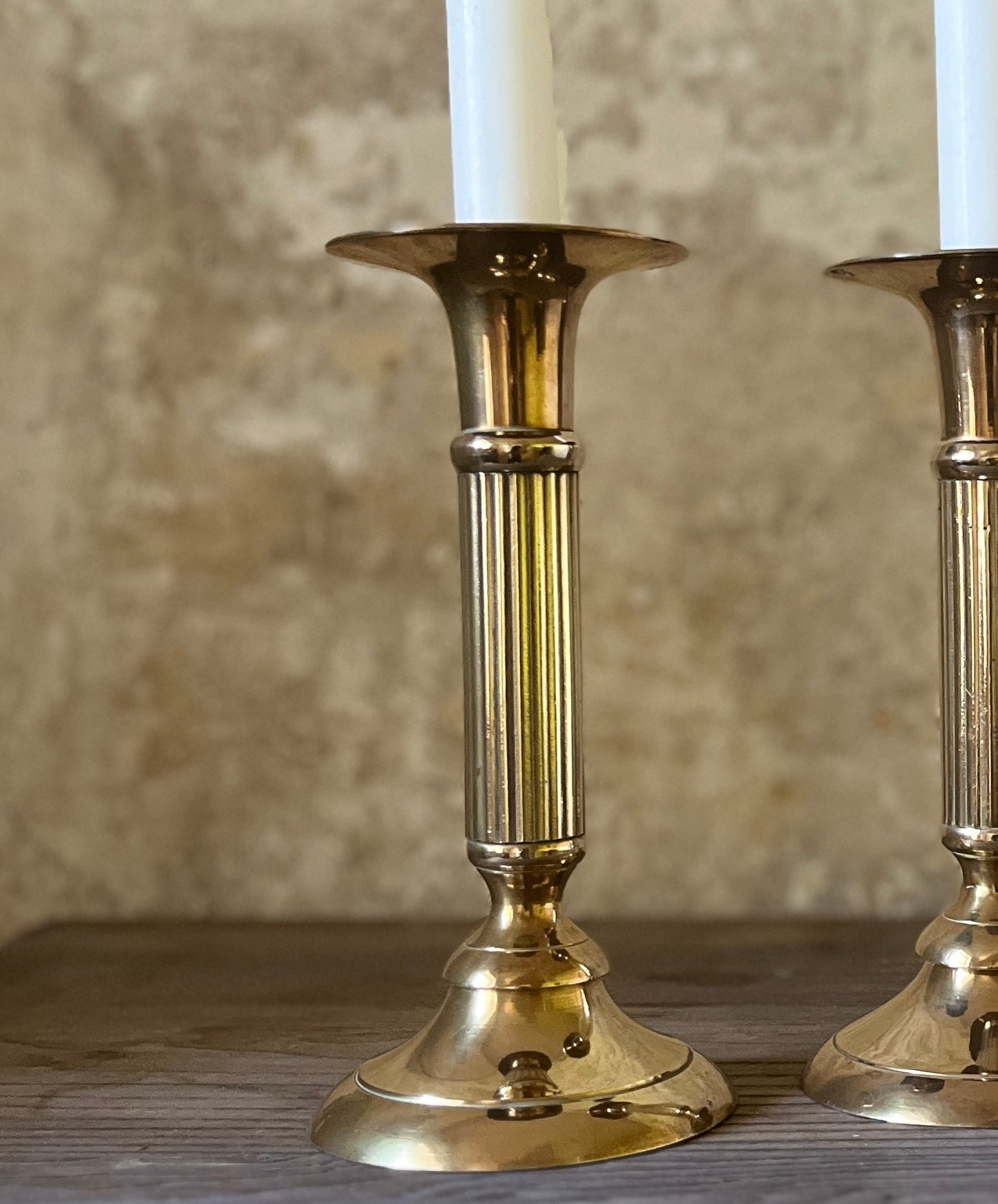 Pair of Georgian Style Brass Candlesticks – Fluted Column – 18.5cm