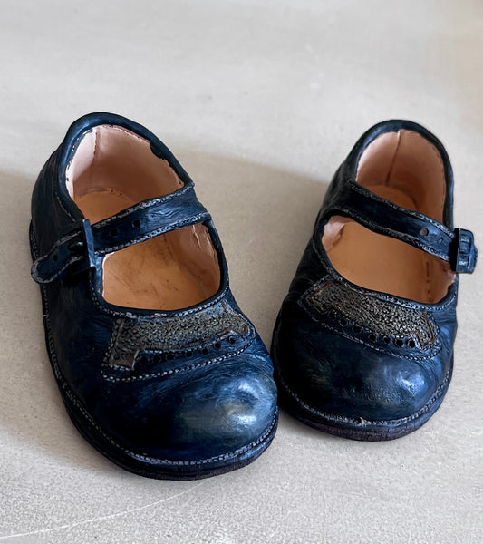 Pair of Navy Blue Pottery Ornamental Mary Jane Shoe ornaments