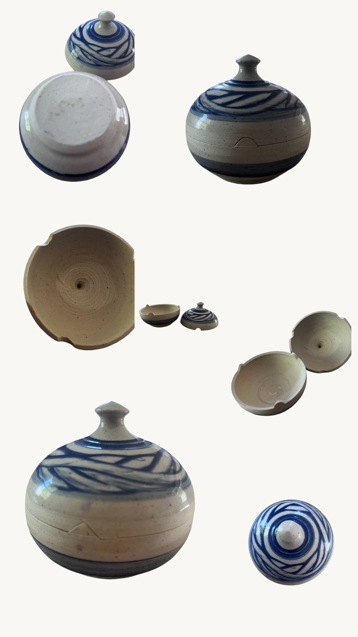 Hand Thrown Blue and Oatmel Glazed Lidded Pot with notches
