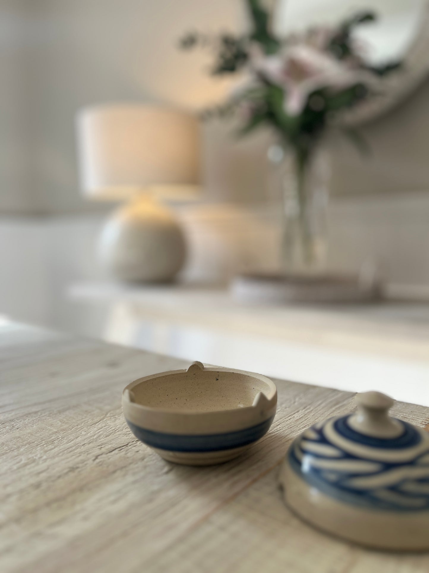 Hand Thrown Blue and Oatmel Glazed Lidded Pot with notches