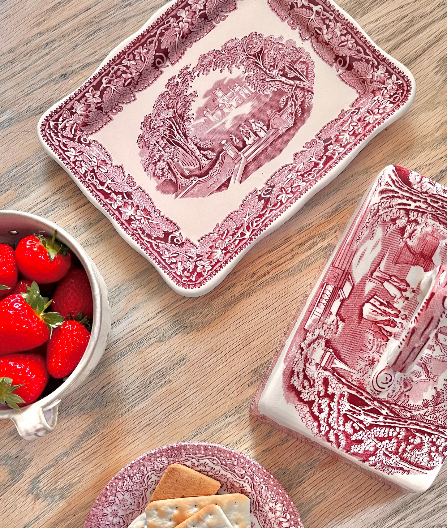 Large Mason’s Vista Ironstone Cheese Dish & Cover Rose Pink Transferware English Vintage