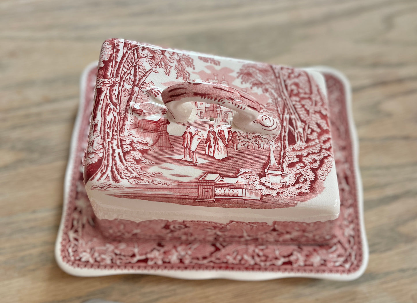 Large Mason’s Vista Ironstone Cheese Dish & Cover Rose Pink Transferware English Vintage