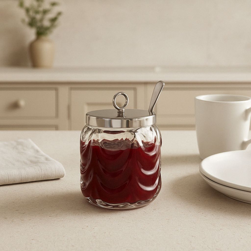 Vintage Heavy Textured Condiment Glass Jam Jar with Silver Plate Lid.