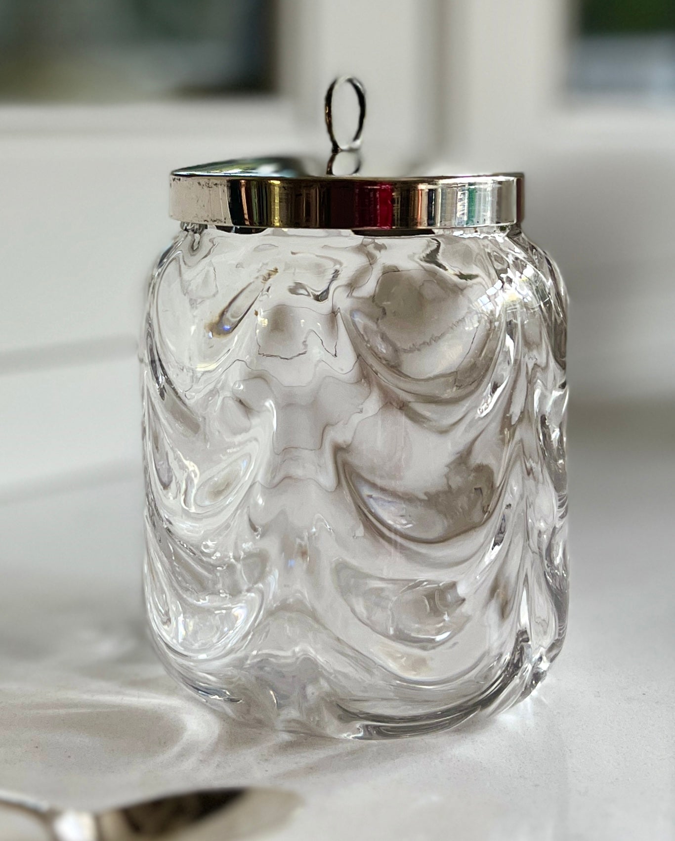 Vintage Heavy Textured Condiment Glass Jam Jar with Silver Plate Lid.