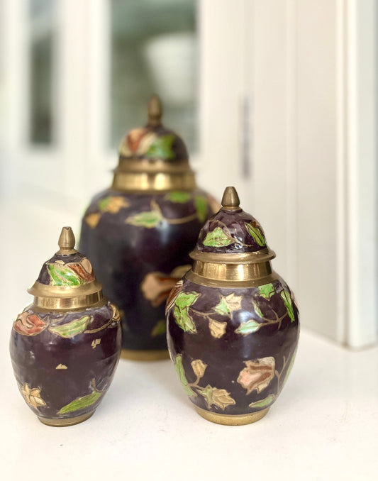 Set of 3 Aubergine Enamelled Brass Ginger Jars – Vintage Decorative Lidded Pots for Shelf & Table Styling