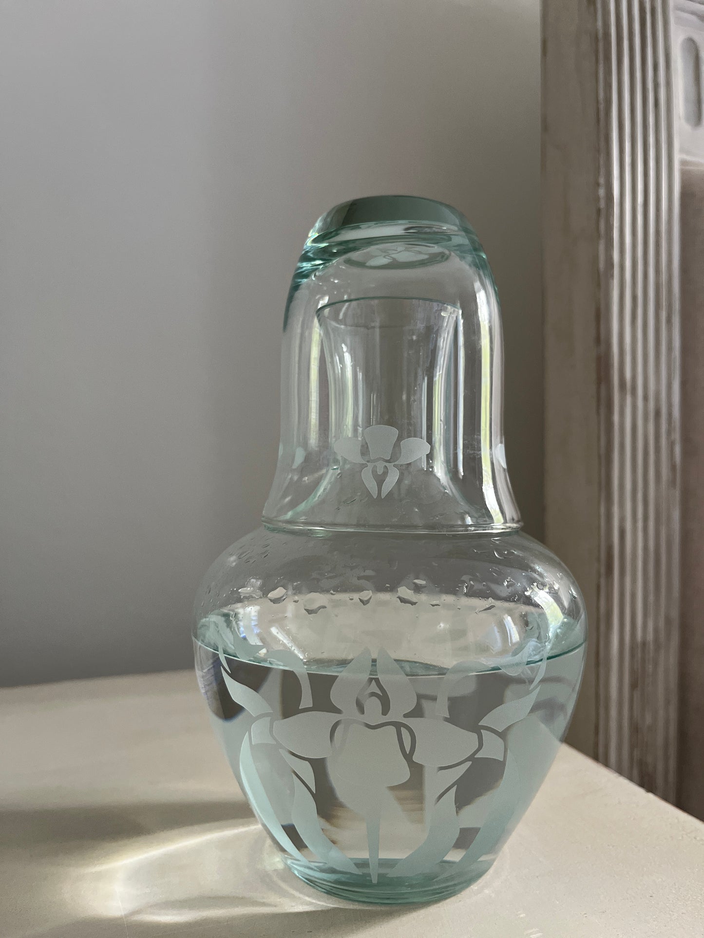 Vintage Bedside Water Carafe and Glass Etched Glass Iris Pattern