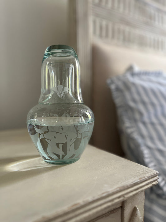 Vintage Bedside Water Carafe and Glass Etched Glass Iris Pattern