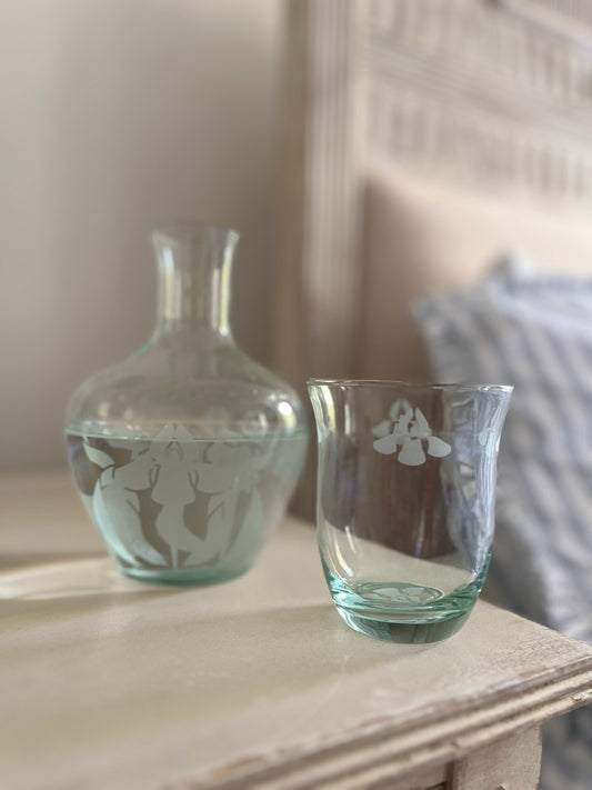 Vintage Bedside Water Carafe and Glass Etched Glass Iris Pattern