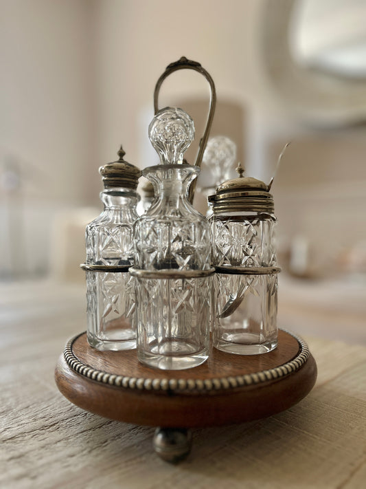 Antique Cruet Set on Wooden Stand