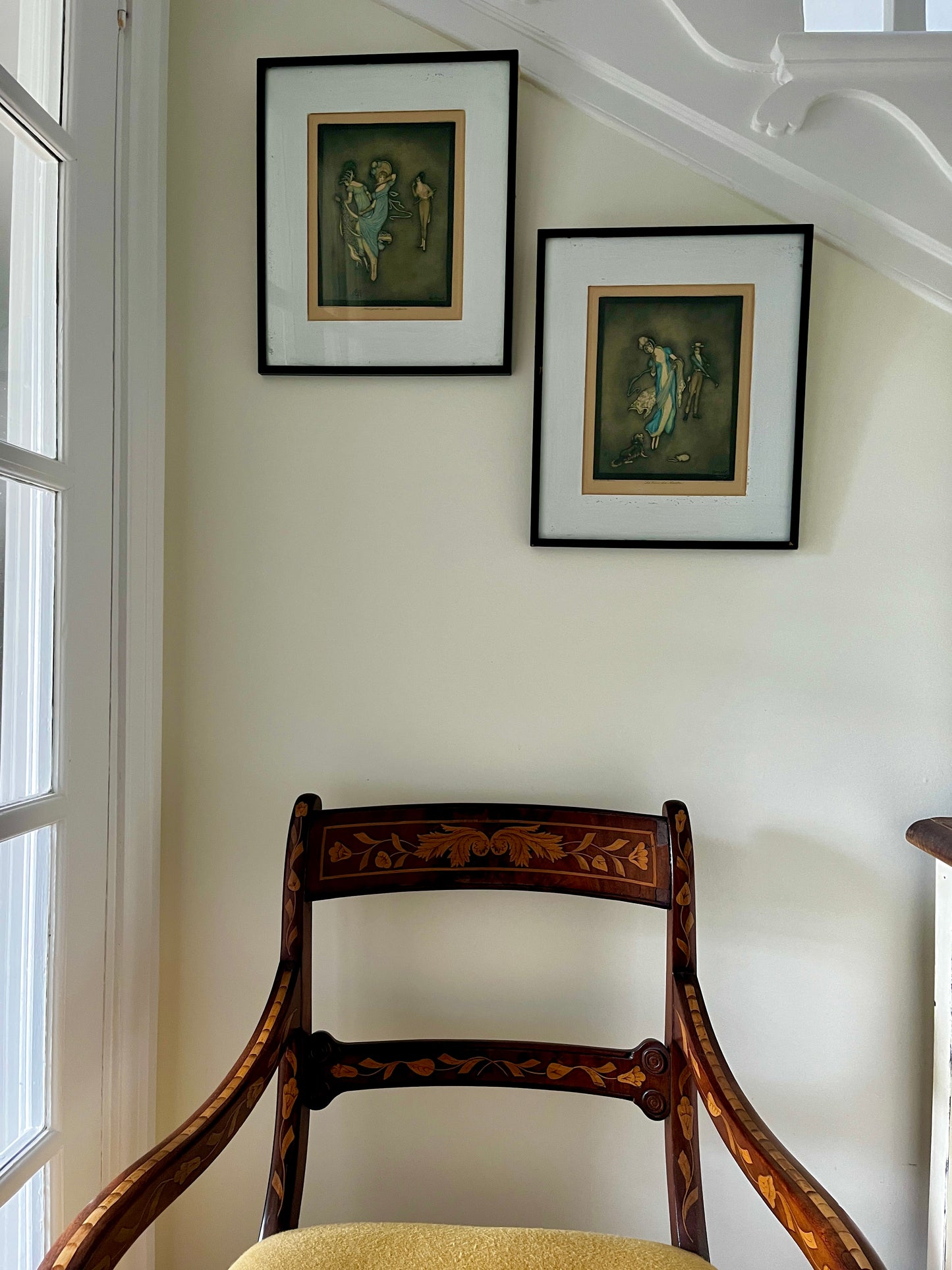 Pair of Framed Vintage Prints 1925 Hand Coloured Mezzotintsby Jennie Harbour