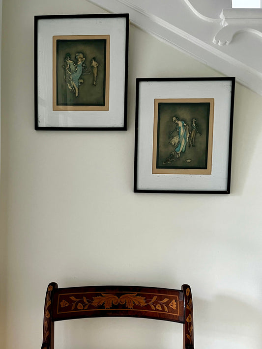 Pair of Framed Vintage Prints 1925 Hand Coloured Mezzotintsby Jennie Harbour