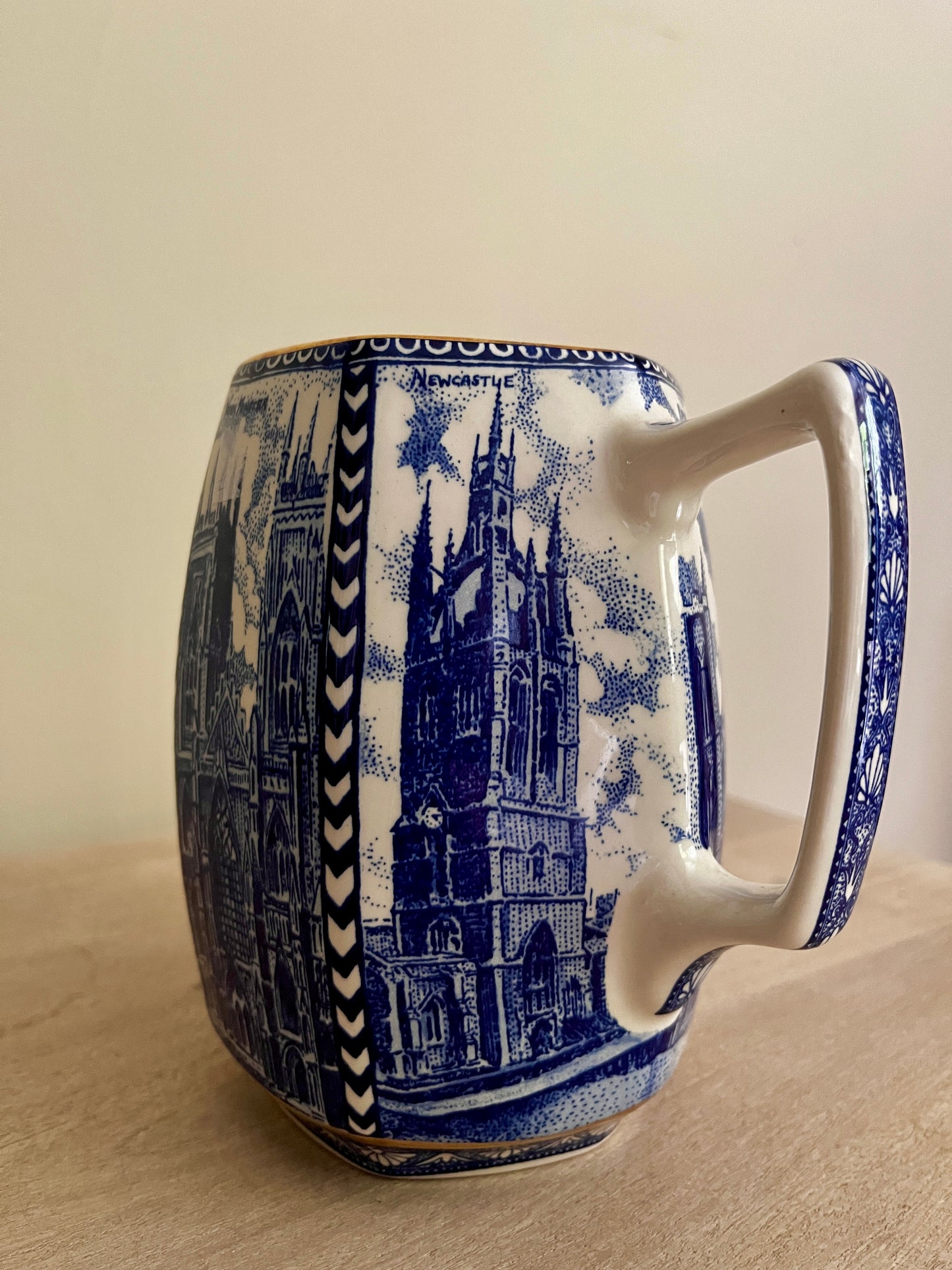 Vintage Ringtons Cathedral Jug by Wade Ceramics – Blue & White Transferware with Gold Trim