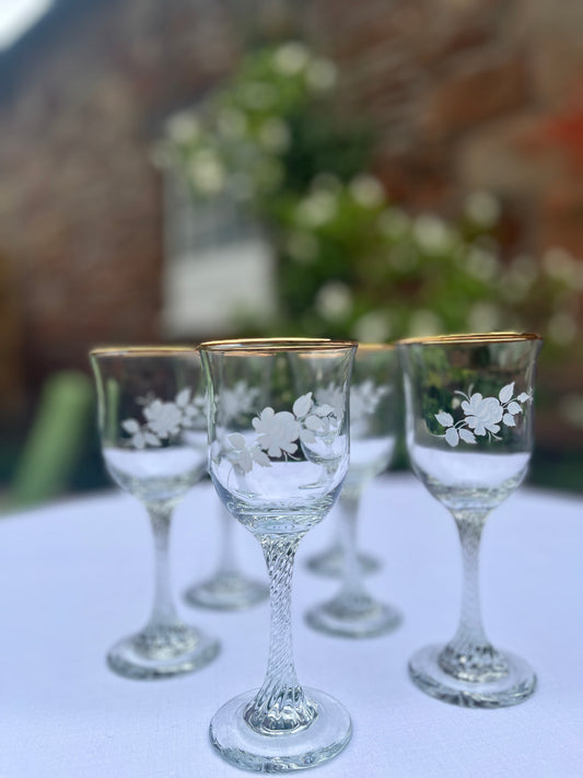 Set of 6 Vintage Etched Wine Glasses with Gold Rims – Fluted Stemware (17cm)