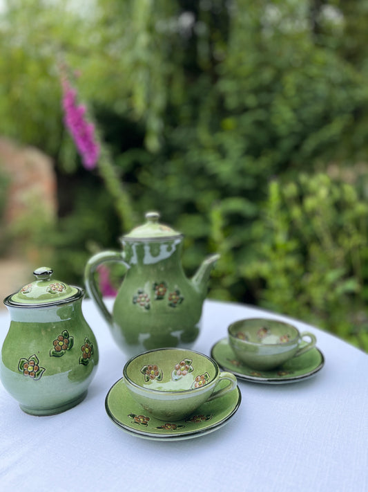 Vintage Guardiola Green Glazed Ceramic Tea Set – 6 Cups & Saucers- Teapot and Sugar Bowl