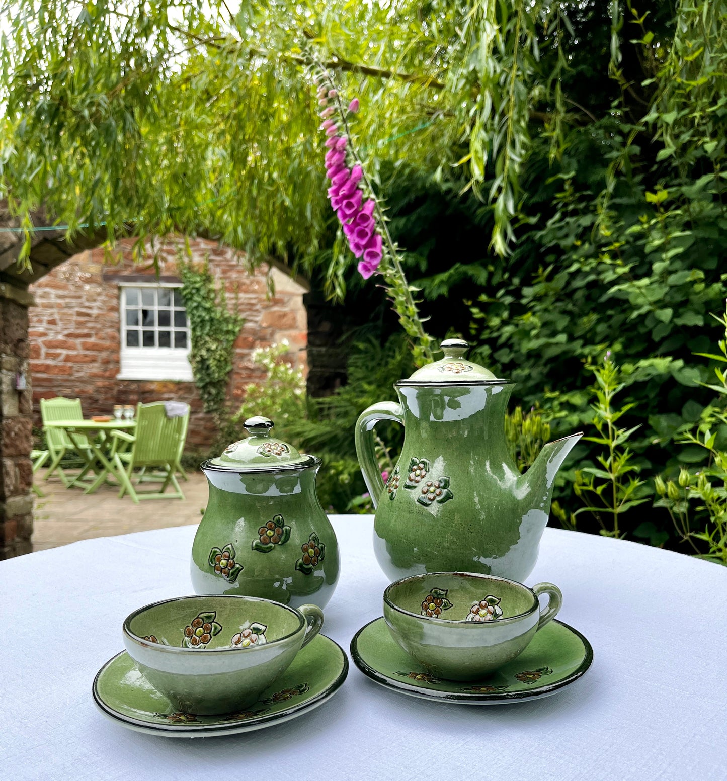 Vintage Green Tea Set, Spanish Guardiola Pottery, Rustic Cottage Garden Teapot, Sugar Cadfy, Cups and Saucers