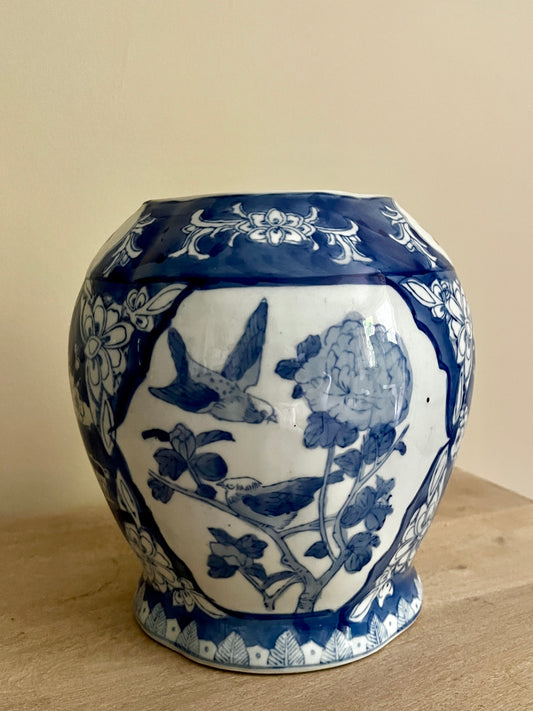 Vintage Chinese Blue and White Porcelain Vase – Hand-Painted Floral and Bird Design